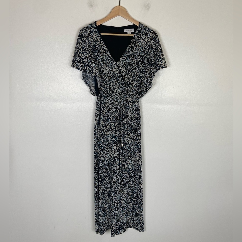 Calvin Klein Soft Liquid Knit Wide Leg Jumpsuit Size 2 Cropped Belted Pocket